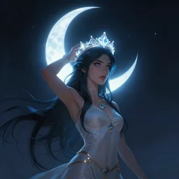 Artemixel, the modern reincarnation of the old selenium god of hunt and moon, also known as Artemis or Selene, carrying the crown of the crescent moon. They are crowned by a bright and slightly bluish crescent like the brightness of the night. Treding on Artstation, digital art, concept art