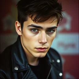 a photograph of a young man in leather jacket, 9 0 s rebellious punk, dof, sharp focus, highly detailed face, symmetric face, realistic iris, cinestill 8 0 0 t, photography by paolo roversi