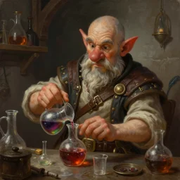 a beautiful portrait painting of a short haired big nosed young dnd alchemist dwarf mixing a potion in medieval lab, artstation fantasy gnome, deviantart fantasy gnome, world of warcraft gnome portrait, pathfinder gnome, art by keith parkinson and greg rutkowski and tim hildebrandt