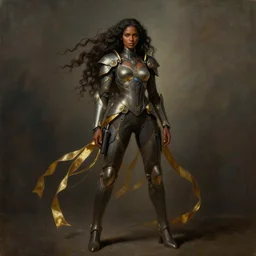 a brown skinned female demon hunter with long dark curly hair and a futuristic uniform, windy, golden ribbons, stoic, modern, shes alone, maximalist fashion, hyperdetailed, dramatic, epic painting, painted by jean honore fragonard and greg rutkowski, full body, octane render, sharpness, 8 k, golden ratio