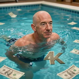 jeff bezos swimming in a pool of cash, 4 k, photography, extremely detailed, digital art, trending on artstation, greg rutkowski, cinematic lighting, hyperrealistic