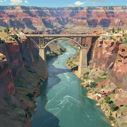 concept art painting of a grand canyon filled with water, giant river, with unfinished stone bridge under construction, realistic, detailed, cel shaded, in the style of makoto shinkai and greg rutkowski and james gurney