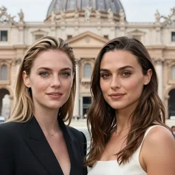 portrait of lindsey pelas and gal gadot in vatican, by charlotte grimm, natural light, detailed face, beautiful features, symmetrical, canon eos c 3 0 0, ƒ 1. 8, 3 5 mm, 8 k, medium - format print,