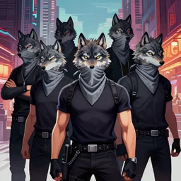< 6 member from wolf gangs wear gray bandana, other people use wolf mask. pop art, pixel, bioshock infinite art style, gta chinatown wars art style, dynamic proportional, dynamic composition, face features, body features, ultra realistic art, digital painting, concept art, smooth, sharp focus, illustration, intricate, without duplication, elegant, confident posse, art by artgerm and richard hamilton >