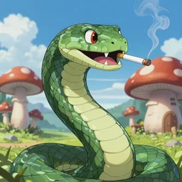 shoulder up Portrait of a hyper realistic scary snake smoking an anime cigarette, mushroom hut in background , cel animation by Tokyo Movie Shinsha and Greg rutkowski, psychedelic, post-processing , IMAX , vibrant colors , award-winning masterpiece 20 years in the making