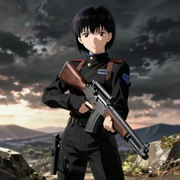 Anime Major motoko kusanagi in all black uniform wielding a rifle, digital art