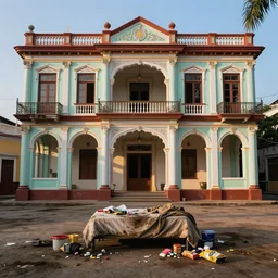 a dirty bedroom littered with snacks and drug paraphernalia with no charactes, colonial architecture, intricate and smooth colors, front view, trending in artstation, colorful octane render, dawn light, art style by michal sawtyruk