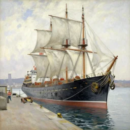 a master painting of a big ship docked at the harbor, sharp focus, very detaied, by berthe morisot