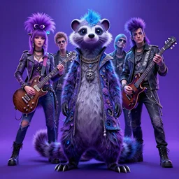 digital art of a weasel punk rock band by sandra chevrier and greg rutkowski and wlop, purple blue color scheme, high key lighting, volumetric light, digital art, highly detailed, fine detail, intricate, ornate, complex, octane render, unreal engine, photorealistic