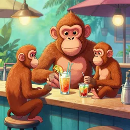 a beautiful illustration of a strange anthropomorphic android monkeys having drinks at an outside pool bar by James Jean | comic book:.7 | unreal engine:.3