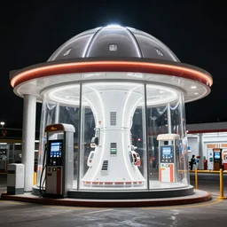 sci - fi gas station and glowing white clean sci - fi fission power dome, a sense of hope and optimism, hyper realistic, high res, 4 k, harsh light, edouard groult, bynde, kirill leonov, isaac zuren