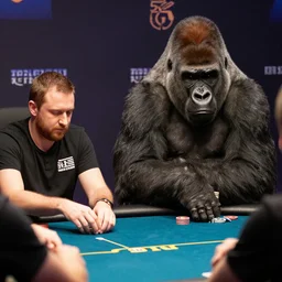 A photograph of daniel negreanu playing poker with a gorilla, 8K HD, shot by sony a7 IV