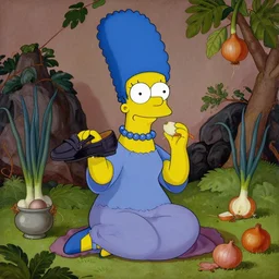 Marge Simpson holding loafers and eating onions in a zen garden, Baroque painting