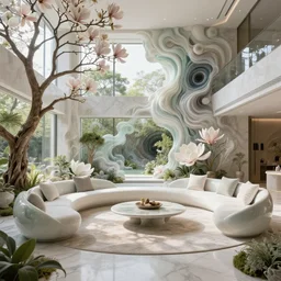 highly detailed villa garden natural beautiful light interior soft cinematic composition of a smooth ceramic porcelain biophilic magnolia stone nebula fluid sci - fi surreal flowers architecture landscape, furniture, granite, trees, marble, vincent callebaut composition, 8 k, unreal engine, hdr