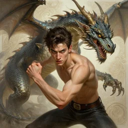 a determined and anxious handsome clean shaven young man with swept back dark brown hair and green eyes fighting with a large fierce dragon, fantasy, intricate, elegant, highly detailed, digital painting, artstation, concept art, smooth, sharp focus, illustration, art by artgerm and greg rutkowski and alphonse mucha