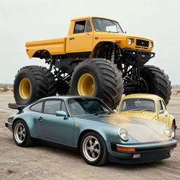 a porsche car mixed with a beetle car and a monstertruck