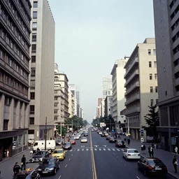 a matte painting, flickr, a city street filled with tall buildings and traffic, photo taken with provia, photo taken with ektachrome, 1970s, berlin secession, by Kusama