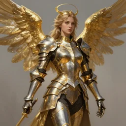 Female knight angel in gold and silver armor, highly detailed, digital painting, artstation, concept art, smooth, sharp focus, illustration, art by artgerm and greg rutkowski and alphonse mucha