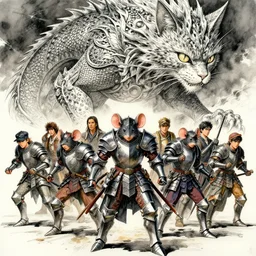 portrait, Mice dressed in armor charge toward and giant dragon cat, watercolor, dramatic lighting, cinematic, establishing shot, extremely high detail, foto realistic, cinematic lighting, pen and ink, intricate line drawings, by Yoshitaka Amano, Ruan Jia, Kentaro Miura, Artgerm, post processed, concept art, artstation, matte painting, style by eddie mendoza, raphael lacoste, alex ross