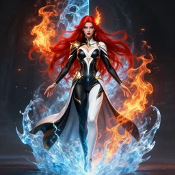 Full body Portrait of a female elementalist, black-white skintight robes!, leggins, golden accessories, fiery red hair, long straight hair, sculptured face, blue eyes, red lipstick, floating, fire and ice split in halves!, dual magics, extremely detailed, by frank franzzeta, WLOP, Genzoman and gary gygax, trending on artstation, artstationHD, artstationHQ, deviantart, 16K, HD, matte painting, vibrant colors
