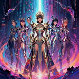 knights girls werings futuristic shiny armor behind a wall of matrix, cyberpunk in synthwave aesthetic, sci - fi, illustration by atey ghailan, by greg rutkowski, by greg tocchini, by james gilleard, by joe gb fenton, symmetrical features, royally decorated, organic, whirling gasses, colorful torn nebulas, radiant vibrant colors