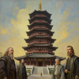 a giant pagoda, tim hildebrandt, wayne barlowe, bruce pennington, donato giancola, trending on artstation, cinematic composition, beautiful lighting, hyper detailed, 8 k, oil on canvas