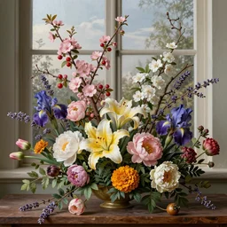 still life of flowers, centered, window lighting, old masters, in the style of rachel ruysch, complex 3 d render, ultra detailed, 8 5 mm lens, refined, high definition, pink blossoms, white blossoms, red berries, fruit, detailed branches, twigs, lavender, yellow st joseph lily, peonies, foliage, marigold, tulips, blue iris,