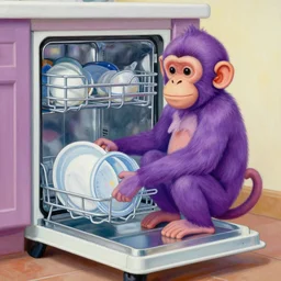 beautiful detaile painting of a purple monkey dishwasher