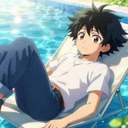 closeup portrait of tsuyu asui from my hero academia relaxing in jeans and a t - shirt on a floating pool chair, sunny, bright, reflections, intricate, sharp focus, lens flare, bloom, illustration, highly detailed, digital painting, concept art, matte, art by ruan jia and wlop and greg rutkowski, masterpiece