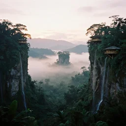 an island of jungle cliffs with treehouses atop. foggy valley and mountains fading into the distance, at sunset. waterfalls. neverland. 3 5 mm portrait film.