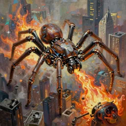 beautiful oil painting with high detail of a mechanical spider attacking city and art direction by James Cameron ;by artgerm; wayne reynolds art station; cinematic quality character action render; ultra high quality model; production quality cinema model; flaming plasma aesthetic