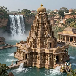 very detailed victorian art depicting kailasa temple, bath pool platform that extends over a great waterfall, maiden nymphs, cinematic, peter mohrbacher, vladimir kush, michael whelan, bill stoneham, tsutomu nihei, jane graverol, kay sage, digital art, airbrush, art nouveau, intricate, clear, looming, epic, depth, artstation, highly detailed, blender, Unreal Engine, octane render, vray, 4k, super wide angle