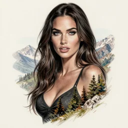 tattoo design sketch of megan fox with beautiful mountain scenery, in the style of dan mountford, double exposure effect, hyper realistic, amazing detail