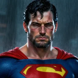 an older superman with beard, scarred, wet, raining, close up, rim lighting, portrait, sinister atmospheric lighting. highly detailed painting by greg rutkowski, anime style