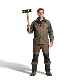 cheerful geologist with rock hammer, studio photography, full body, standing, isolated on a pure white background, centered, whole figure in frame, sharp focus, studio lighting