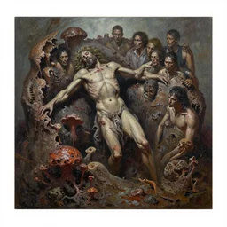 oil paint of flayed god fungal pit, trash patina sheen rotting, by alberto bontempi, alex ross, shigeru komatsuzaki, wayne d barlowe, alex ross, stefano tamburini, simon bisley & boris vallejo, enric torres, hyper realism, narrative light, muted colors, epic, hyper detailed, awe inspiring, award winning horror,