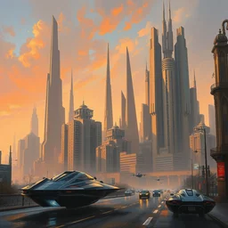 futuristic city, brutalist buildings, futuristic flying cars, street scene, oil painting, by greg rutkowski