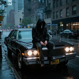 A mysterious figure sitting in a black 1970's Cadillac DeVille with the headlights on, smoking a cigarette, parked on the side of the road in the city of New York while it is raining, vibrant colors, by Stephen King, dark and dim, moody, sinister, cinematic lighting, 8k render, hyperrealistic
