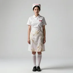 battle-worn nurse in uniform, cinematic studio photo, full body, standing, isolated on a pure white background, centered, whole figure in frame, sharp focus, studio lighting