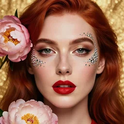 Portrait of a woman, close-up, high sharpness, zeiss lens, fashion photo shoot, peony flowers, red hair, red lipstick, in the background of gold, they have rhinestones on their face, Edward Buba, Annie Leibovitz and Steve McCurry, David Lazar, Jimmy Nelsson, Eiko Hosoe, artistic, hyper-realistic, beautiful face, octane rendering