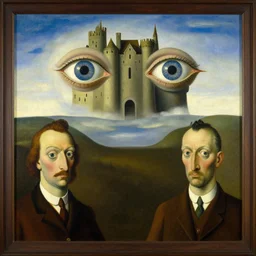 the eyes castle in the sky, by magritte, dali, breton, masterpiece, surrealism, oil on canvas, 8 k