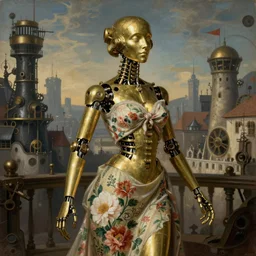 brass semi - mechanical woman, portrait, floral art novuea dress, art by ardian syaf and moebius, caravaggio, in steampunk cityscape