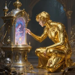 man made from gold and silver inspects a magical machine romance novel fantasy artwork epic detailed and itricate digital painting trending on artstation by wlop octane render