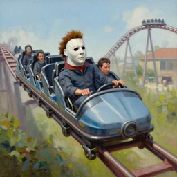painting of Michael Myers having fun in a long roller coaster, sharp focus, wide shot, trending on ArtStation, masterpiece, by Greg Rutkowski, by Ross Tran, by Fenghua Zhong, octane, soft render, oil on canvas, colorful, cinematic, environmental concept art