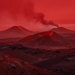 majestic landscape of volcanic mountains, obsidian, ashes in the air, big, beautiful, monochromatic red, matte painting, by franzzeta
