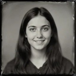antique daguerrotipe portrait of a beautiful girl, black hair, clear eyes, open smile