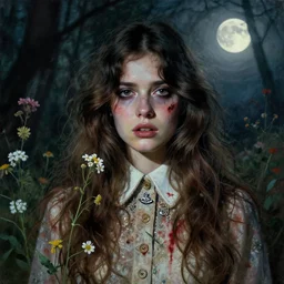 a beautiful but sinister ethnically ambiguous young woman in layers of fear, with haunted eyes and wild hair, wearing a vivienne westwood collar, 1 9 7 0 s, seventies, woodland, a little blood, wildflowers, moonlight showing injuries, delicate embellishments, painterly, offset printing technique, by brom, robert henri, walter popp