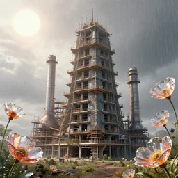 a beautiful hyperdetailed highly detailed industrial architecture nature unfinished building pagoda by zaha hadid, futuristic matte painting rain with sun retro crystal poppy, archdaily, wallpaper, highly detailed, trending on artstation.