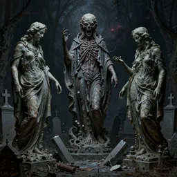 metaphysical painting of gothic cemetery statues breaking apart by Andrew Ferez, cosmic horror, octane render, trending on cgsociety, featured on zbrush central, grotesque, vanitas, new sculpture, mystical