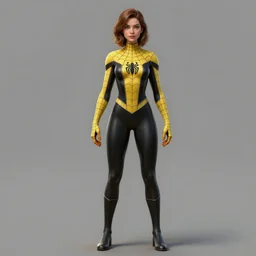 full body character turnaround of a woman in an orb weaver outfit, character sheet, matte painting, spiderwoman!!, john singer sargent, good value control, highly detailed portrait, ultra realistic, character turnaround, digital painting, concept art, sharp focus, smooth, 3 d model, illustration, yellow and black color scheme, realistically proportioned body, realistically proportioned head